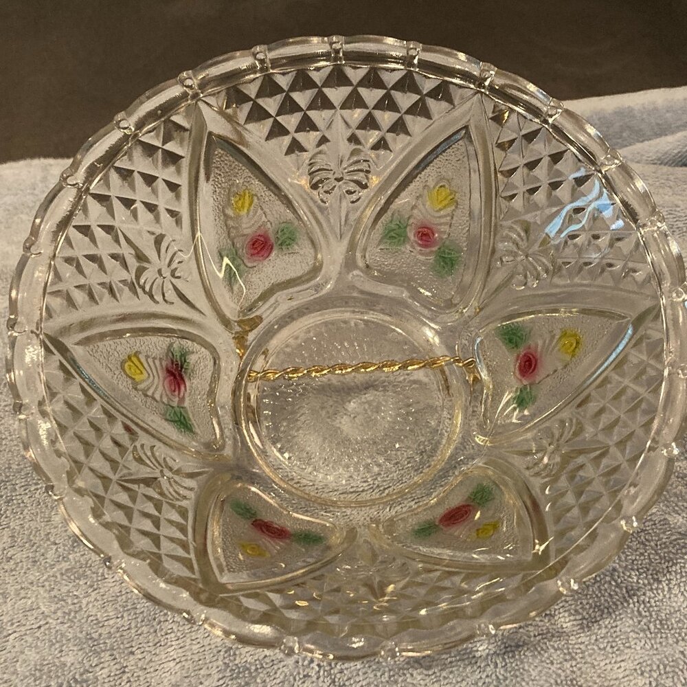 VTG Glass 7" Candy Dish/Bowl-Heart Design/Red-Yellow-Green Flower-Indonesia-EUC